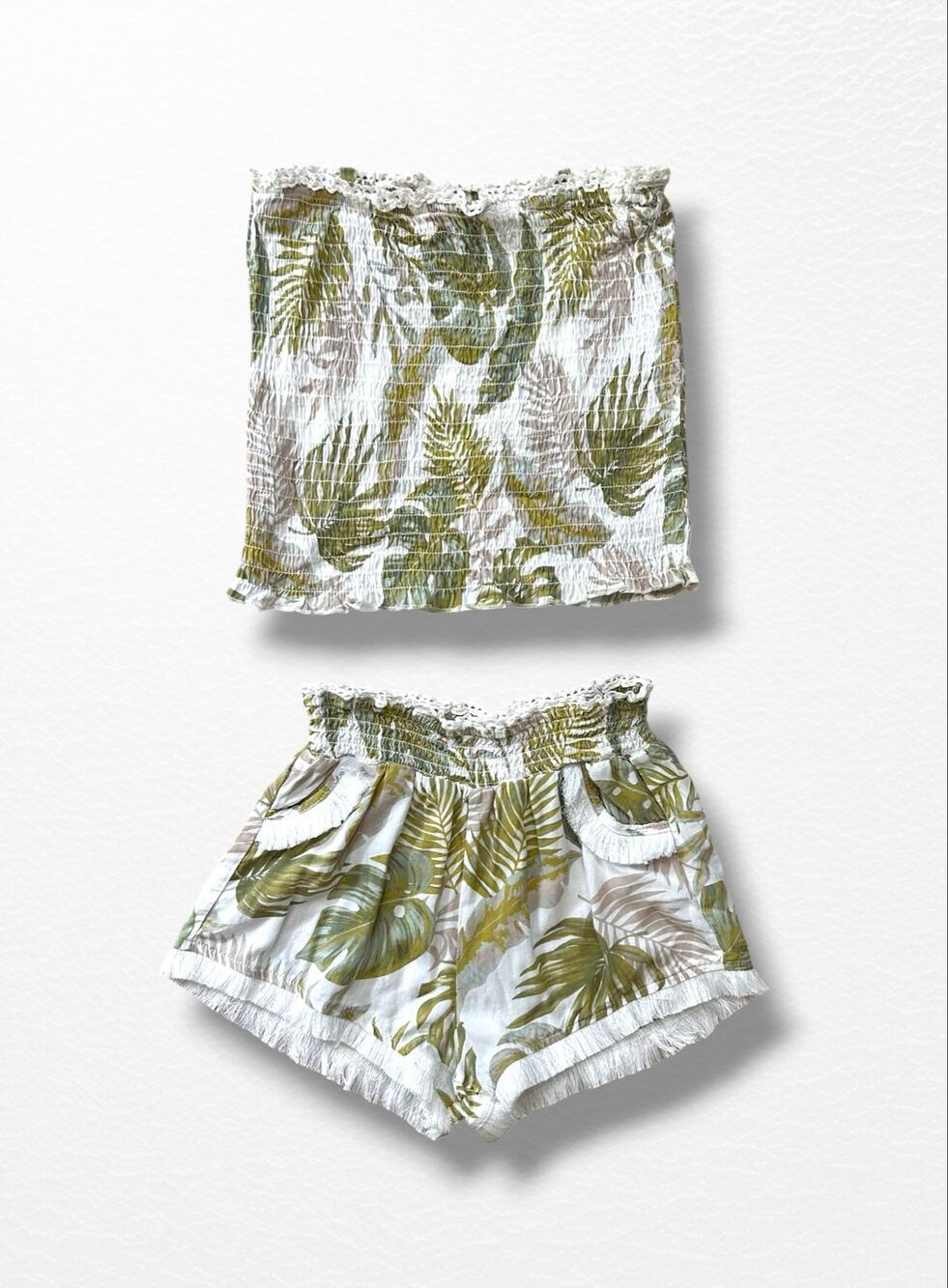 Vintage Havana Sage Tropical Leaf Smocked Tube and Fringed Short Set, Size 14